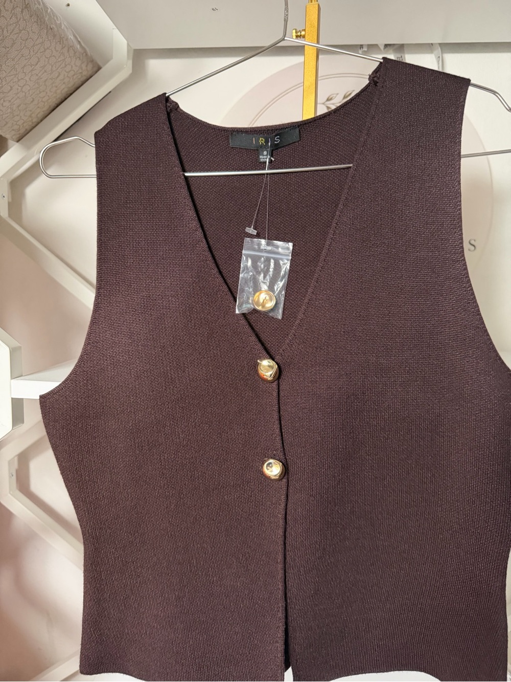 iris Sleeveless Knit Button Vest in Chocolate Brown with Gold Buttons